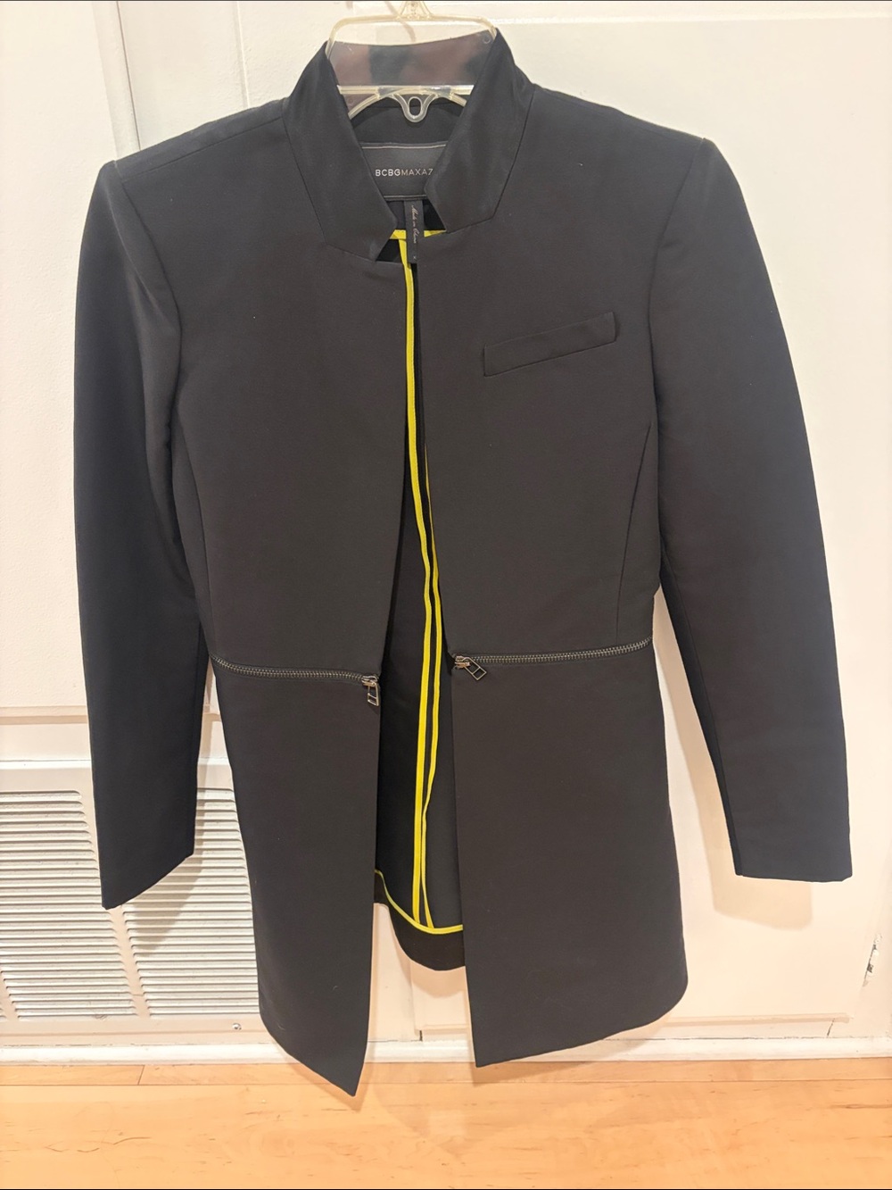 BCBGMaxAzria Black Trench Coat with Yellow Trim